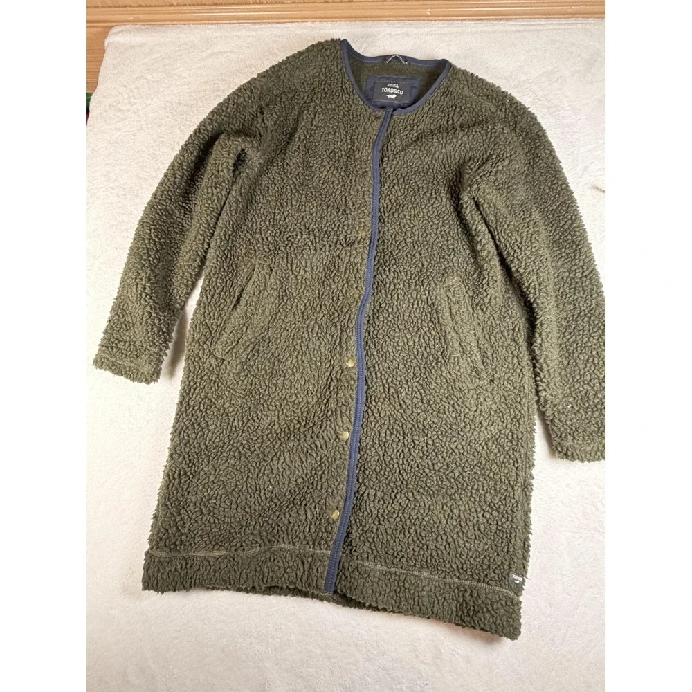 Toad&Co Coat Womens Medium‎ Green Wool Fleece Long Snap Front Sherpa Cozy